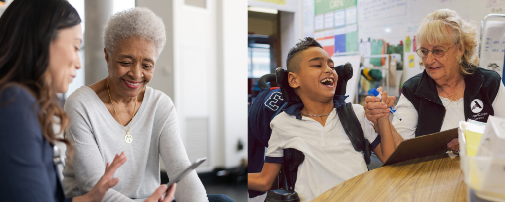 Side by side images of senior volunteers helping a woman use a cell phone and helping a child write