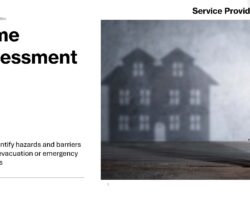 Home Assessment “A small white model house sits on a wooden table, casting a large, blurred shadow of a two-story house against a gray wall.