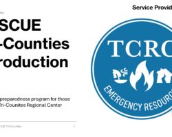 RESCUE Tri-Counties Introduction “A large blue circular logo reading ‘TCRC Emergency Resources’ surrounds white icons of wind, a flame, and a house.”