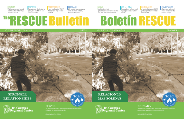 Side-by-side covers of the Winter 2025–26 RESCUE Bulletin in English and Spanish, featuring a person clearing storm debris in Camarillo with the themes “Stronger Relationships” and “Relaciones Más Sólidas.”