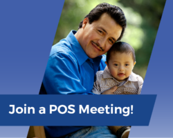 Father holds his infant son on his lap. A caption says "Join a POS Meering!"