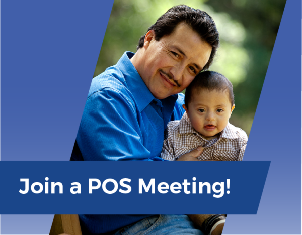 Father holds his infant son on his lap. A caption says "Join a POS Meering!"