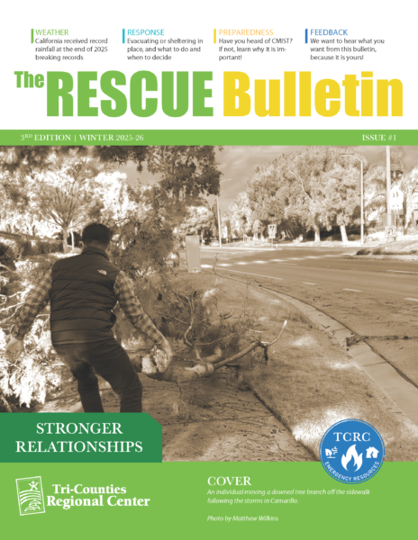 The RESCUE Bulletin Winter 2025–26 cover showing a person clearing storm debris in Camarillo with the headline “Stronger Relationships.”