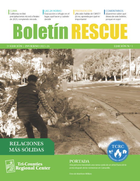 Portada del Boletín RESCUE Invierno 2025–26 mostrando a una persona retirando escombros tras una tormenta en Camarillo con el titular “Relaciones Más Sólidas.”