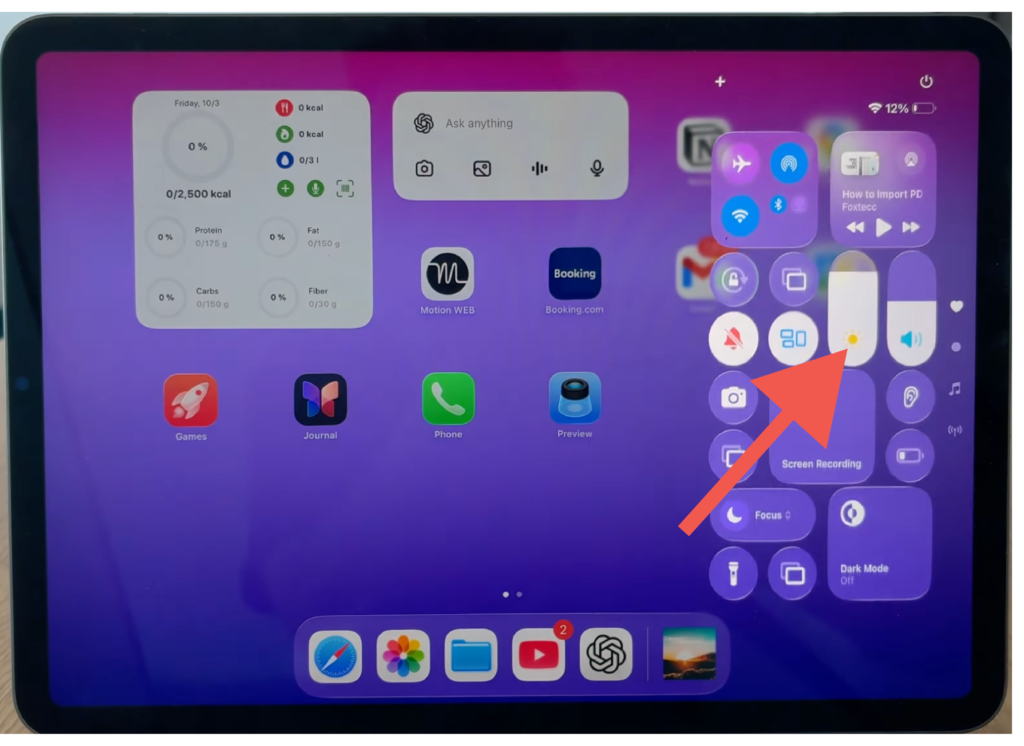 Screenshot of Brightness Setting on iPad