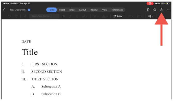 Screenshot of share button on iPad