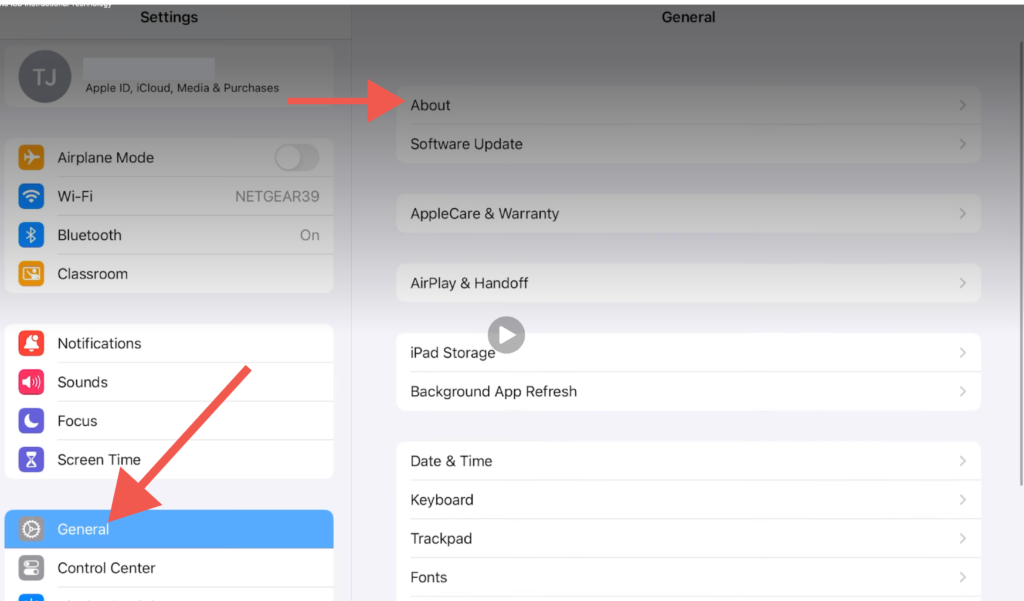 Screenshot of General Settings on iPad