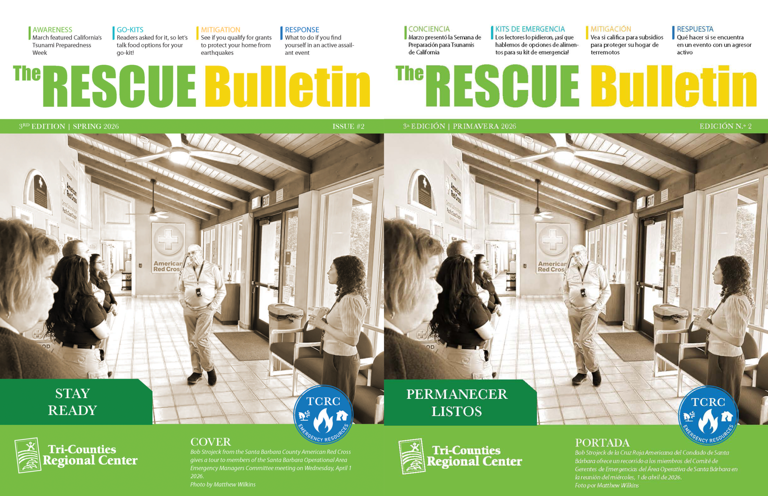 Side-by-side RESCUE covers in sepia showing a meeting at SBC American Red Cross ; English and Spanish titles, headers, and TCRC logos.