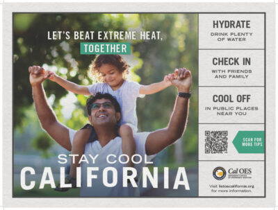A child on a father’s shoulders, surrounded by Listos California heat safety tips: drink water, check on friends and family, and cool off in public places.