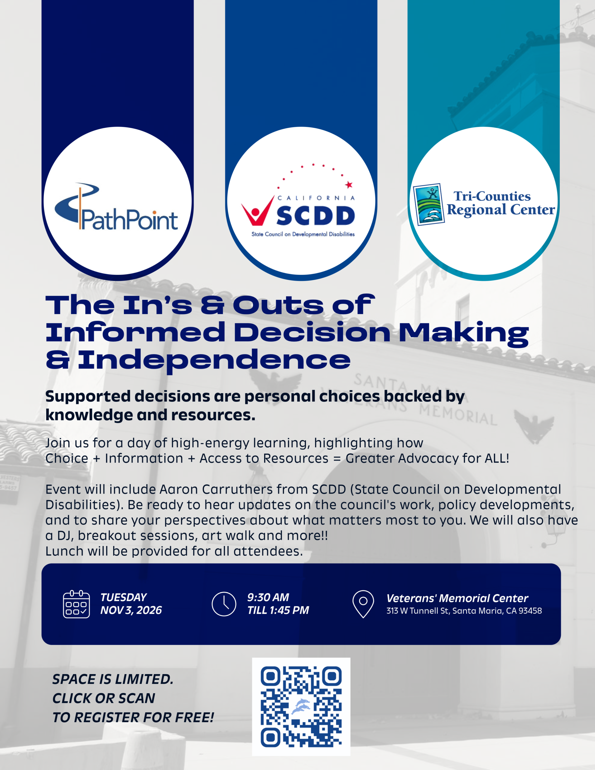 Flier for Informed Decision Making conference in Santa Maria at the Venterans' Memorial Center on November 3, 2026.